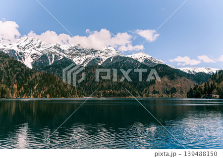 Mountain view from Lake Ritsa Abkhazia, snowy mount landscape in winter Mountain view from Lake Ritsa Abkhazia, snowy mount landscape in winter 139488150