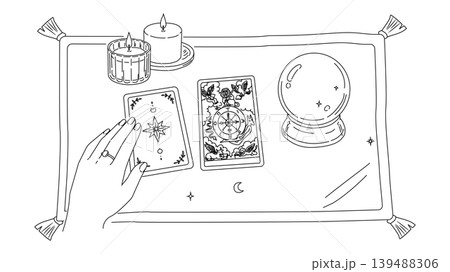 運命を占う占い師の手元とタロットカード「運命の輪」の線画イラスト 139488306