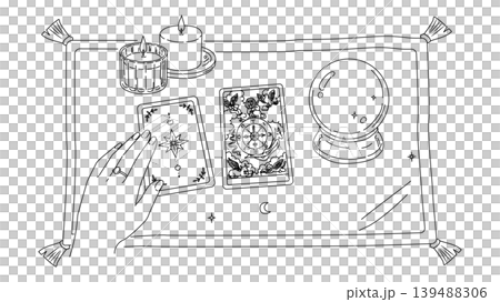 運命を占う占い師の手元とタロットカード「運命の輪」の線画イラスト 139488306