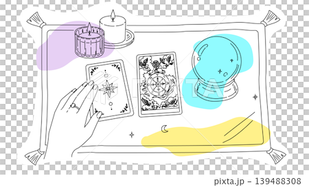 A stylish, accent-color illustration of a fortune teller's hands and the "Wheel of Fortune" tarot card. 139488308