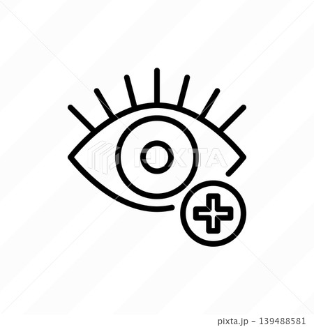 Ophthalmology thin line icon: farsightedness. Human eye with plus sign. 139488581