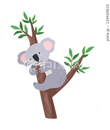 Cute koala sitting on a eucalyptus tree. Vector illustration of cartoon animal of Australia. Flat style Cute koala sitting on a eucalyptus tree. Vector illustration of cartoon animal of Australia. Flat style 139488620