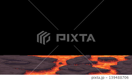 Pixel art lava rocky terrain background Pixel art lava rocky terrain background 139488706