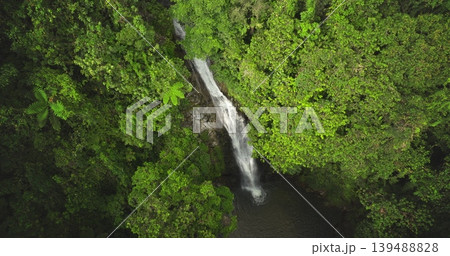 Fiji, Nadi Waterfall: Breathtaking aerial view pristine waterfall cascading through vibrant green rainforest canopy, embodying nature's tranquility. Wild nature landscape. Drone flight zoom in 139488828