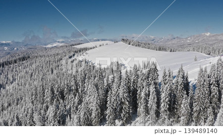 Winter aerial drone view of snowy mountain slopes covered with pine forest in sunny day under blue cloudless sky, showing amazing winter landscape. Bukovel ski resort. Winter nature travel background Winter aerial drone view of snowy mountain slopes covered with pine forest in sunny day under blue cloudless sky, showing amazing winter landscape. Bukovel ski resort. Winter nature travel background 139489140