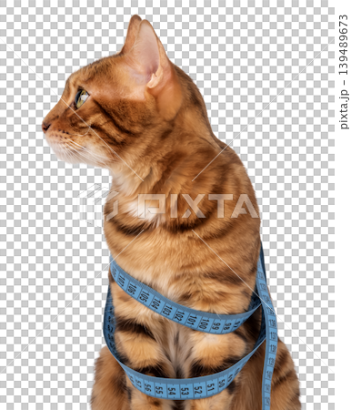 Bengal cat with measuring tape on body, pet weight control concept Bengal cat with measuring tape on body, pet weight control concept 139489673