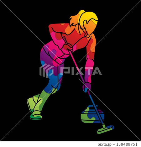 Curling Sport Female Player Cartoon Graphic Vector Illustration Athletes Competing on Ice Rink Curling Sport Female Player Cartoon Graphic Vector Illustration Athletes Competing on Ice Rink 139489751
