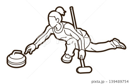Curling Sport Female Player Cartoon Graphic Vector Illustration Athletes Competing on Ice Rink 139489754