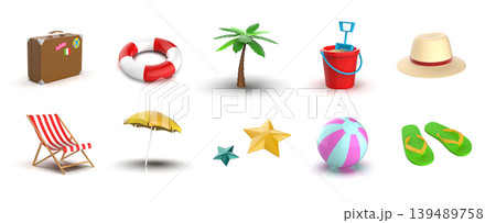 Beach Travel Must-Have Items on white background, 3d rendering Beach Travel Must-Have Items on white background, 3d rendering 139489758