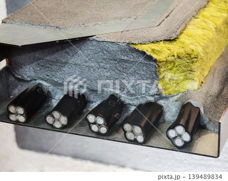 Model showing technical details of insulation and piping used in construction projects at an engineering lab 139489834