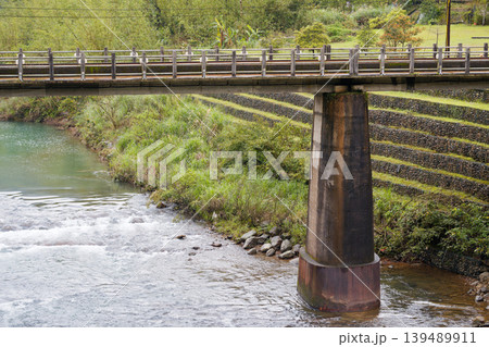 Narrow Railway Bridge Over Mountain River with Stone Embankment Narrow Railway Bridge Over Mountain River with Stone Embankment 139489911