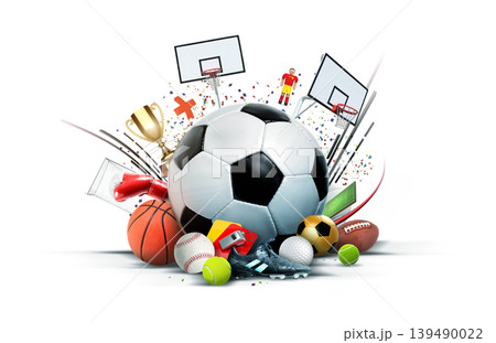 Iconic Sports Equipment and Trophy on white background,3d rendering. Iconic Sports Equipment and Trophy on white background,3d rendering. 139490022