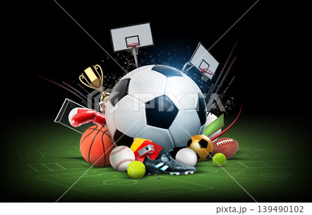 Dynamic Sports Collage with Iconic Equipment and Trophy on green field,3d rendering. 139490102