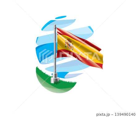 Spanish flag on a green lawn against a background of blue abstract sky Spanish flag on a green lawn against a background of blue abstract sky 139490140