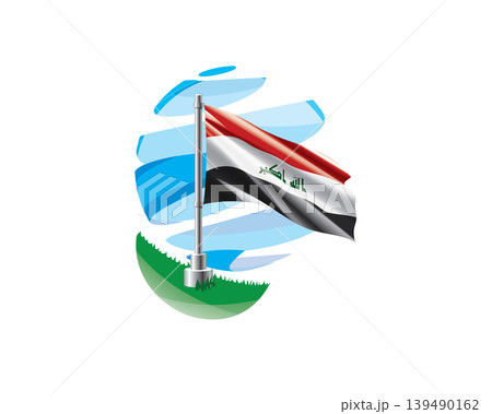 Iraq flag on a green lawn against a background of blue abstract sky Iraq flag on a green lawn against a background of blue abstract sky 139490162