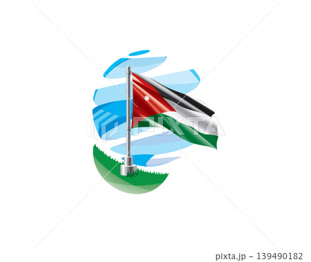 Jordanian flag on a green lawn against a background of blue abstract sky 139490182