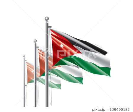 Brightly shining Jordanian flags wave proudly on tall masts during official celebration events 139490185