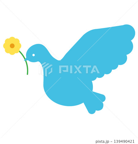 黄色い花をくわえて飛ぶ鳥のイラスト	 139490421