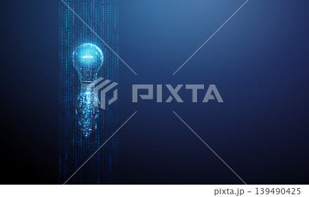 3d light bulb flying inside a vertical data stream. AI idea generation, data driven innovation, real time information flow, intelligent insights, automation acceleration concept. 139490425