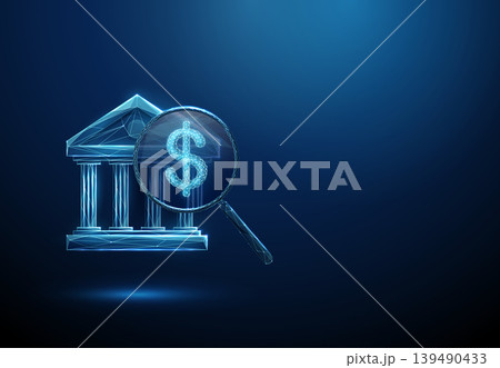 3d blue bank icon under magnifying glass with dollar sign inside. Financial analysis, transaction tracking, revenue monitoring, banking performance evaluation concept. 3d blue bank icon under magnifying glass with dollar sign inside. Financial analysis, transaction tracking, revenue monitoring, banking performance evaluation concept. 139490433