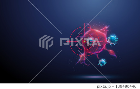 3d tumor under target crosshair with viruses around. Oncolytic virotherapy, targeted cancer treatment, selective tumor destruction, viral therapy, precision oncology concept 3d tumor under target crosshair with viruses around. Oncolytic virotherapy, targeted cancer treatment, selective tumor destruction, viral therapy, precision oncology concept 139490446