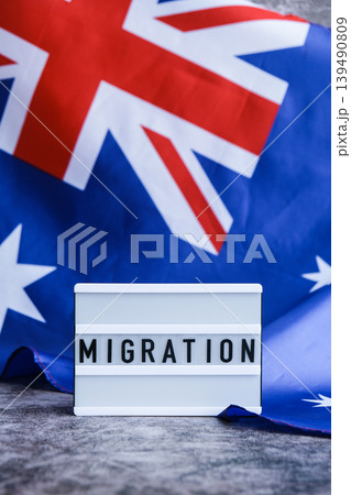 Message MIGRATION on background of Australian flag made from silk. Australia national flag with concept of tourism and traveling. welcoming Message MIGRATION on background of Australian flag made from silk. Australia national flag with concept of tourism and traveling. welcoming 139490809