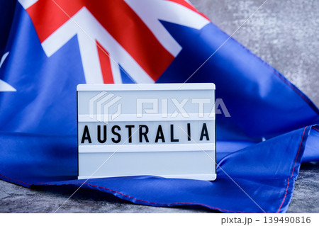 Minimal patriotic scene with signboard and waving flag message AUSTRALIA with national colors Festive with Aussie flag and message board with text AUSTRALIA Minimal patriotic scene with signboard and waving flag message AUSTRALIA with national colors Festive with Aussie flag and message board with text AUSTRALIA 139490816