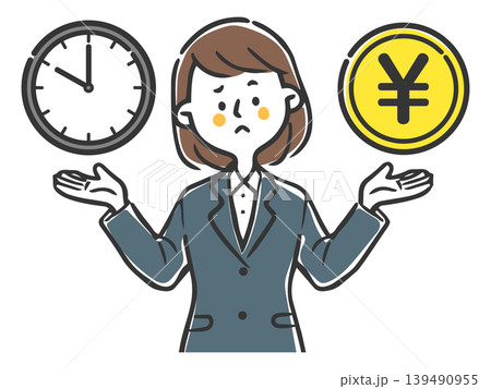 お金と時間を天秤にかけてタイパを考えている若い女性会社員 ベクター お金と時間を天秤にかけてタイパを考えている若い女性会社員 ベクター 139490955