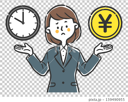 お金と時間を天秤にかけてタイパを考えている若い女性会社員 ベクター お金と時間を天秤にかけてタイパを考えている若い女性会社員 ベクター 139490955