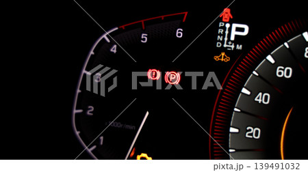 Car dashboard. Modern digital car dashboard with illuminated speedometer warning icons fuel gauge driver assistance and other indicators. Advanced automotive instrument cluster tech in future vehicle 139491032
