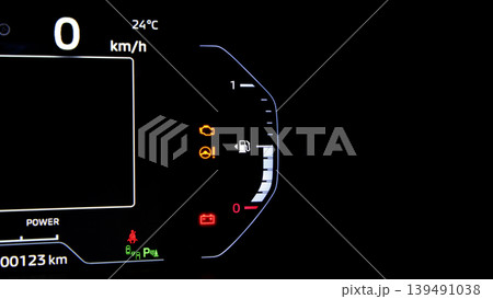 Car dashboard. Modern digital car dashboard with illuminated speedometer warning icons fuel gauge driver assistance and other indicators. Advanced automotive instrument cluster tech in future vehicle 139491038