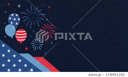 4th of July Independence Day dark blue textured paper background with red fireworks and balloons with copy space for banner 4th of July Independence Day dark blue textured paper background with red fireworks and balloons with copy space for banner 139491162