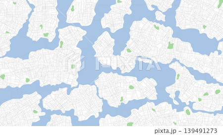 Huge abstract map of towns. Parks, watercourse, water flow, blue river on white background road map. Vector illustration, detailed silhouette 139491273