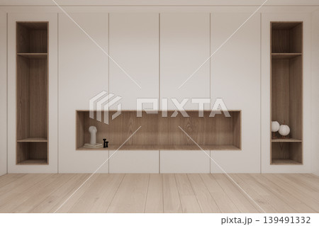 shelf on Built-in mock up smath board wall minimalist,Empty white wall on wooden floor and decoration, room japandi modern style.3D rendering 139491332