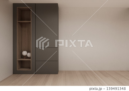 Gray color shelf on Built-in mock up smath board wall minimalist in wooden floor and decoration, room japandi modern style.3D rendering Gray color shelf on Built-in mock up smath board wall minimalist in wooden floor and decoration, room japandi modern style.3D rendering 139491348