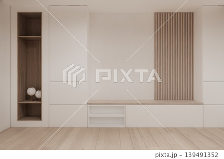 shelf on Built-in mock up smath board wall minimalist,Empty white wall on wooden floor and decoration, room japandi modern style.3D rendering 139491352