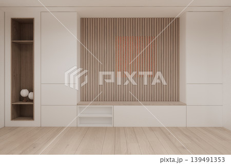shelf on Built-in mock up smath board wall minimalist,Empty white wall on wooden floor and decoration, room japandi modern style.3D rendering 139491353