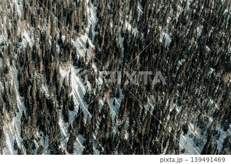 Landscape of snowy Sheregesh mountain, peak hill range haze winter Bird eye view 139491469