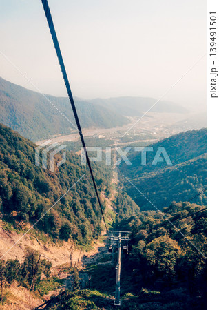 Ski resort view of ski track with cable car summer, Tufandag, Tfan, Azerbaijan 139491501