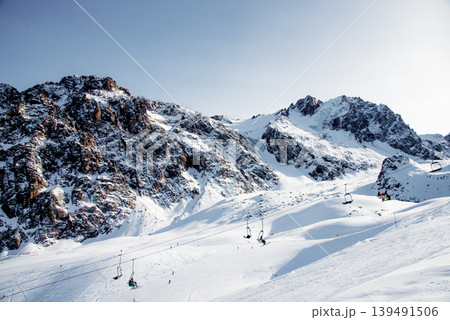 Ski Resort view of ski track landscape in winter Shymbulak, Alma Ata, Kazakhstan Ski Resort view of ski track landscape in winter Shymbulak, Alma Ata, Kazakhstan 139491506