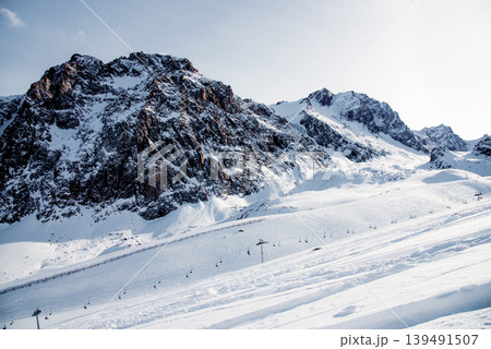 Ski Resort view of ski track landscape in winter Shymbulak, Alma Ata, Kazakhstan Ski Resort view of ski track landscape in winter Shymbulak, Alma Ata, Kazakhstan 139491507