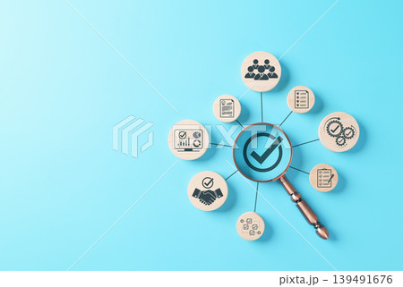 Business compliance verification and quality control audit concept. magnifying glass on checkmark with icons for certification, documents, checklist, analytics, approval, process management, assurance 139491676