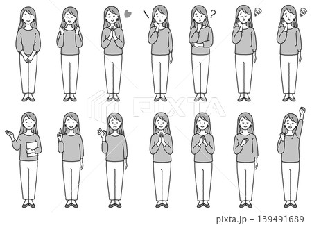 若い女性の様々なポーズ 全身 モノクロ 若い女性の様々なポーズ 全身 モノクロ 139491689