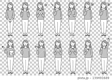 若い女性の様々なポーズ 全身 モノクロ 若い女性の様々なポーズ 全身 モノクロ 139491689