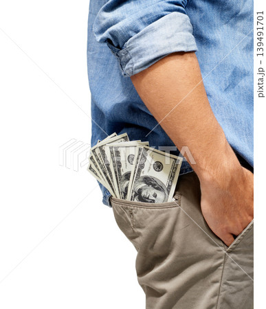 Man, hand and pocket of cash for financial freedom, profit or investment against a white studio background. Closeup of male person with money, dollar bills or savings in finance, bribe or salary Man, hand and pocket of cash for financial freedom, profit or investment against a white studio background. Closeup of male person with money, dollar bills or savings in finance, bribe or salary 139491701