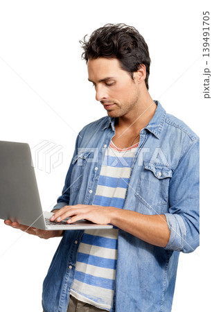 Man, laptop and typing an email, studio and networking with internet connection by white background. Male person, technology and website for planning, online research and copywriting or freelancer 139491705