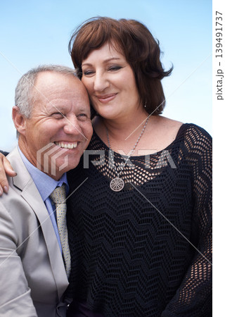 Business, partnership and hug with mature couple in outdoor date for love, consultant and entrepreneur venture. Smile, teamwork and collaboration with senior man and woman in startup company 139491737