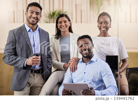 Portrait, team and business people in company, smile or compliance agent with collaboration. Happy, pride and group of workers in office with solidarity, tablet and about us with policy consultants 139491762