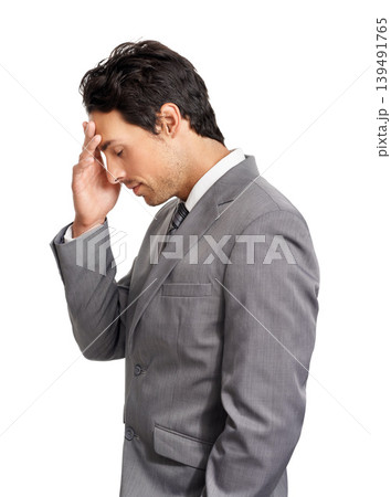 Business man, pain and headache in studio for burnout, stress and risk of bankruptcy on white background. Profile, tired and frustrated worker with vertigo, corporate crisis and challenge of mistake Business man, pain and headache in studio for burnout, stress and risk of bankruptcy on white background. Profile, tired and frustrated worker with vertigo, corporate crisis and challenge of mistake 139491765