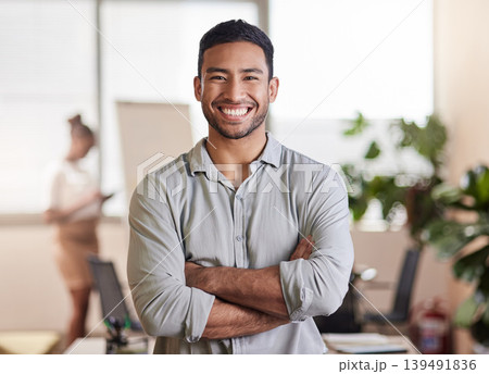 Portrait, confidence and businessman in office, about us and tax consultant with job opportunity. Smile, arms crossed and financial employee in workplace, person and VAT specialist with career growth 139491836